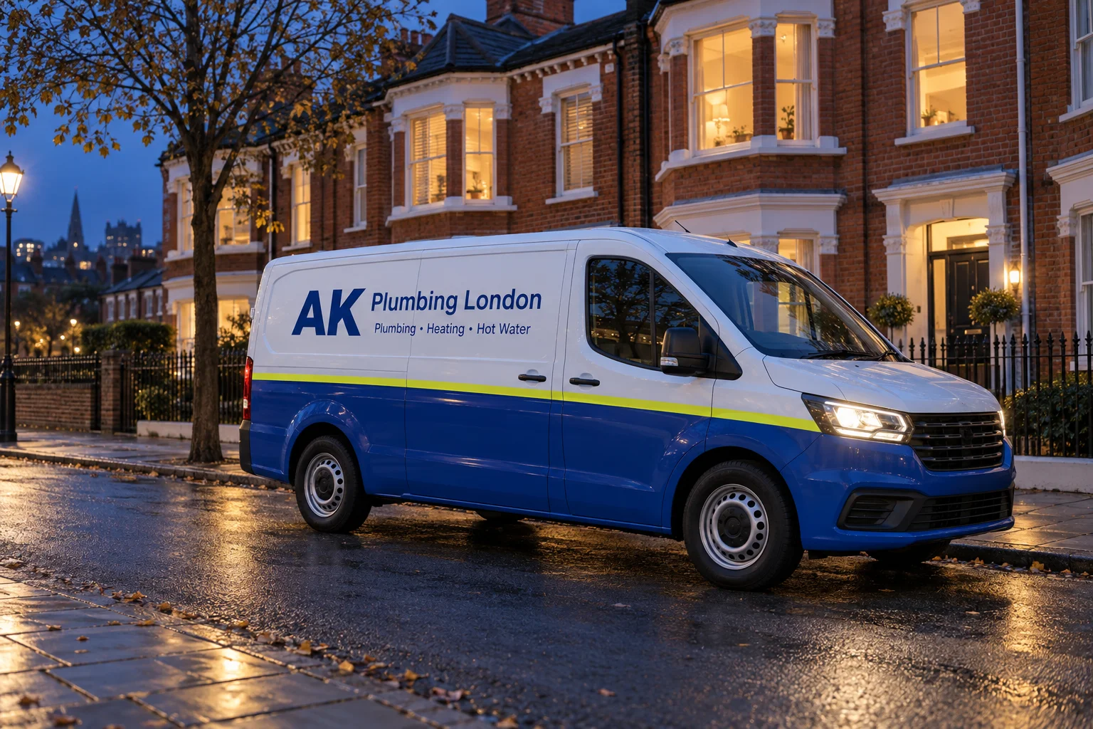 Evening illustration of an AK Plumbing London branded van